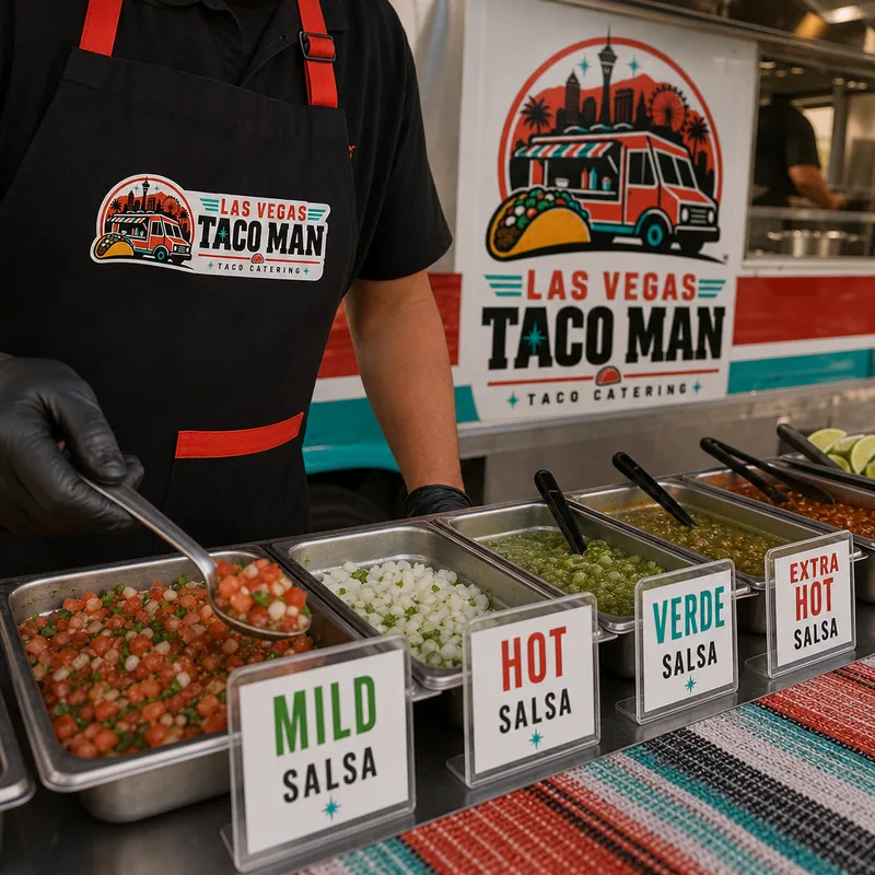 Clearly labeled taco toppings and mild-to-hot salsas in serving containers