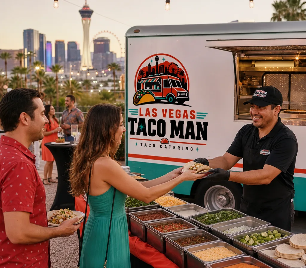 Catered taco bar at an outdoor Las Vegas event with organized toppings, warm tortillas, and staff serving guests