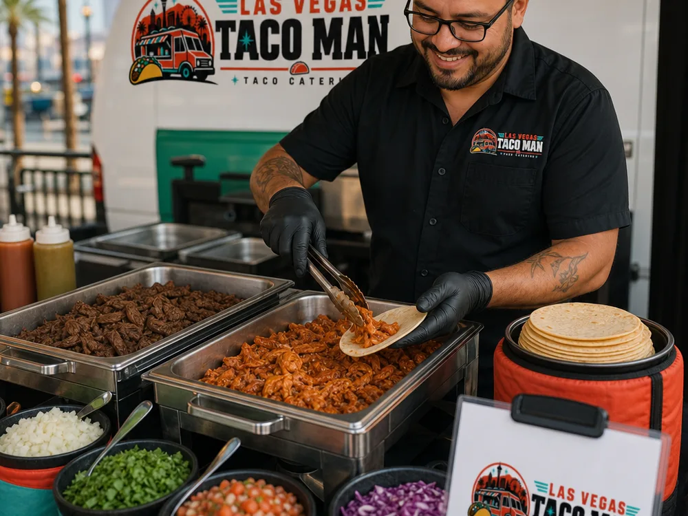 Taco catering station with warmed tortillas, two proteins, and labeled toppings arranged for guest flow