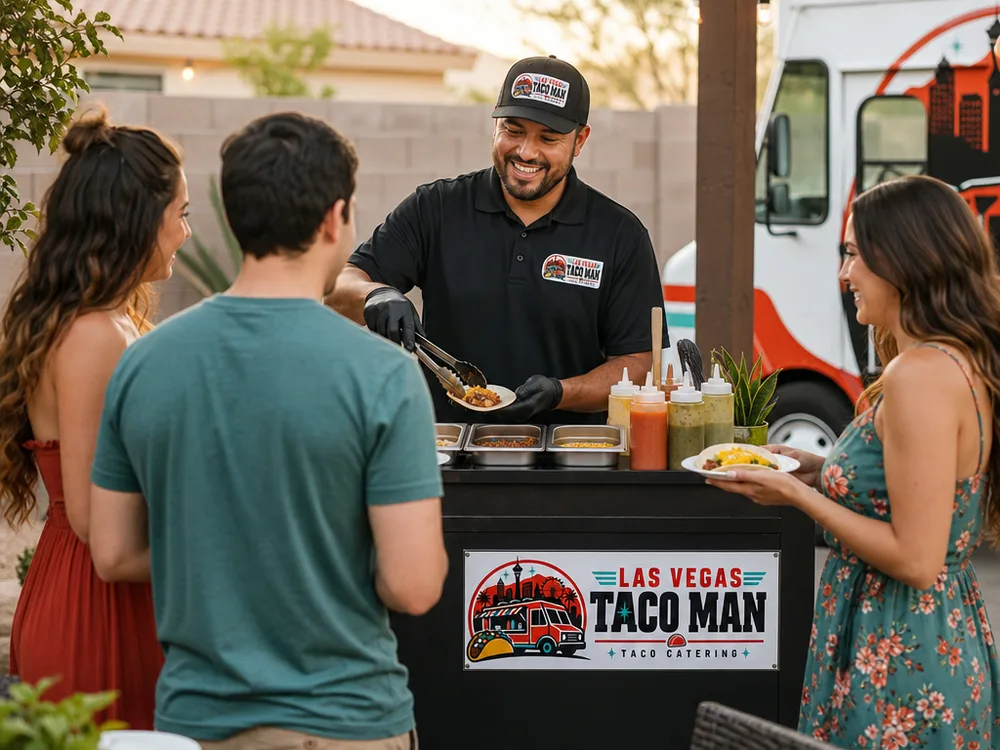 Compact backyard taco catering station arranged beside a patio
