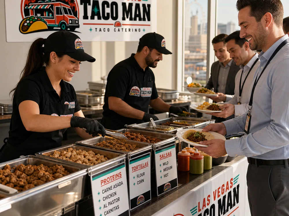 Staffed taco bar at a corporate lunch with signage for proteins, tortillas, and salsas