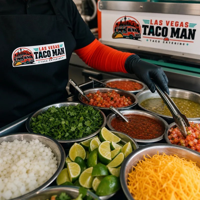 Taco bar toppings including onion, cilantro, limes, salsas, and cheese arranged with serving utensils