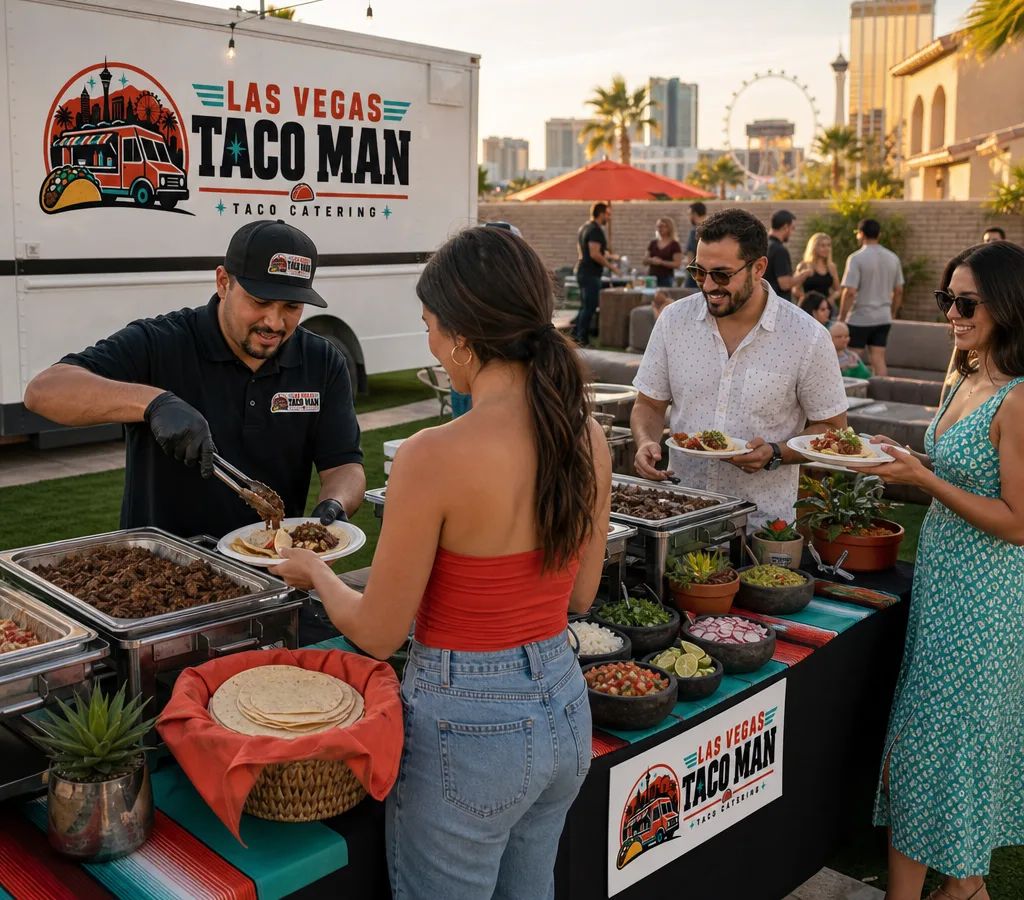 Staffed taco bar at a Las Vegas backyard party with warm tortillas, labeled toppings, and guests building tacos