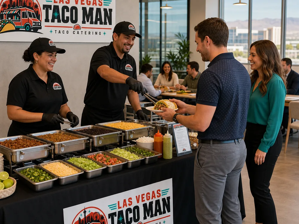Corporate lunch taco bar in an office with a clean table skirt and organized toppings