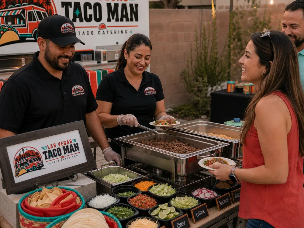 Backyard taco bar with chafing dishes, warm tortilla baskets, and colorful labeled toppings