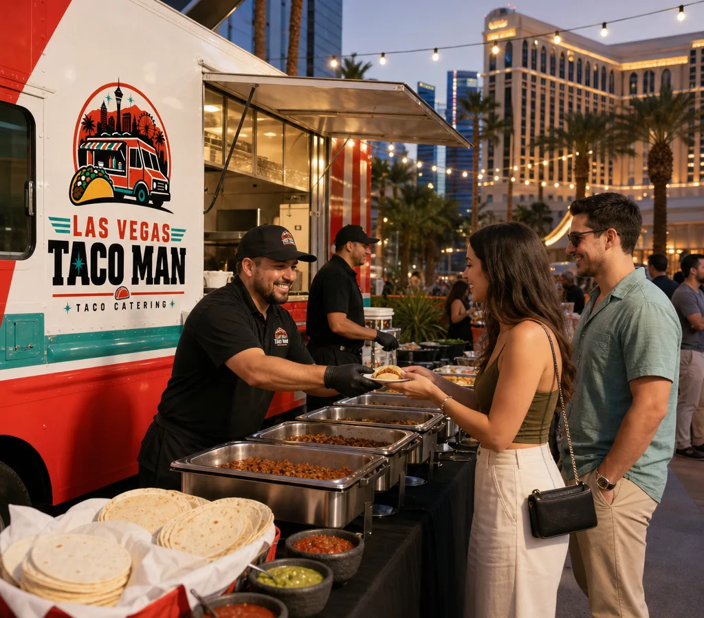 Staffed taco catering line serving guests at an outdoor Las Vegas event