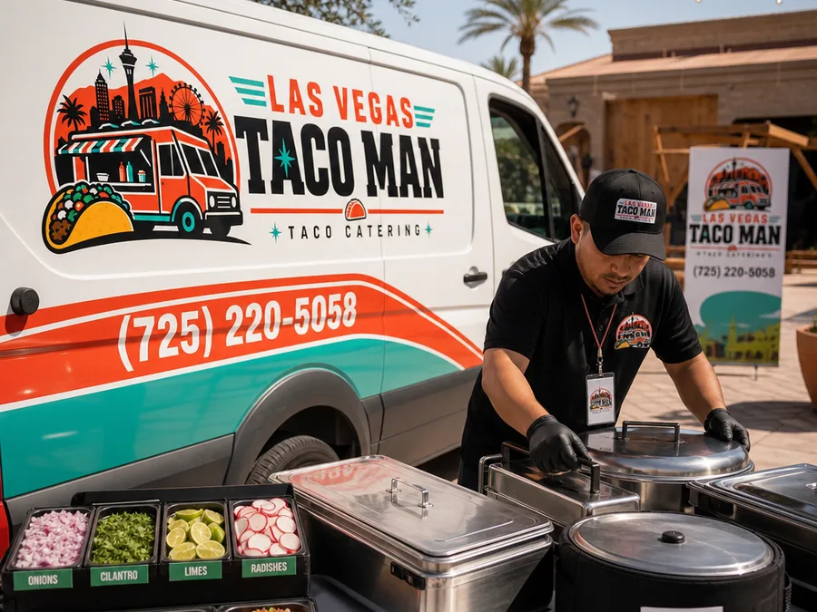 Catering team member arranging warmers and labeled taco toppings at a Las Vegas venue