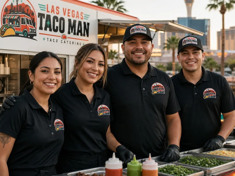Las Vegas Taco Man catering crew beside a prepared taco serving station